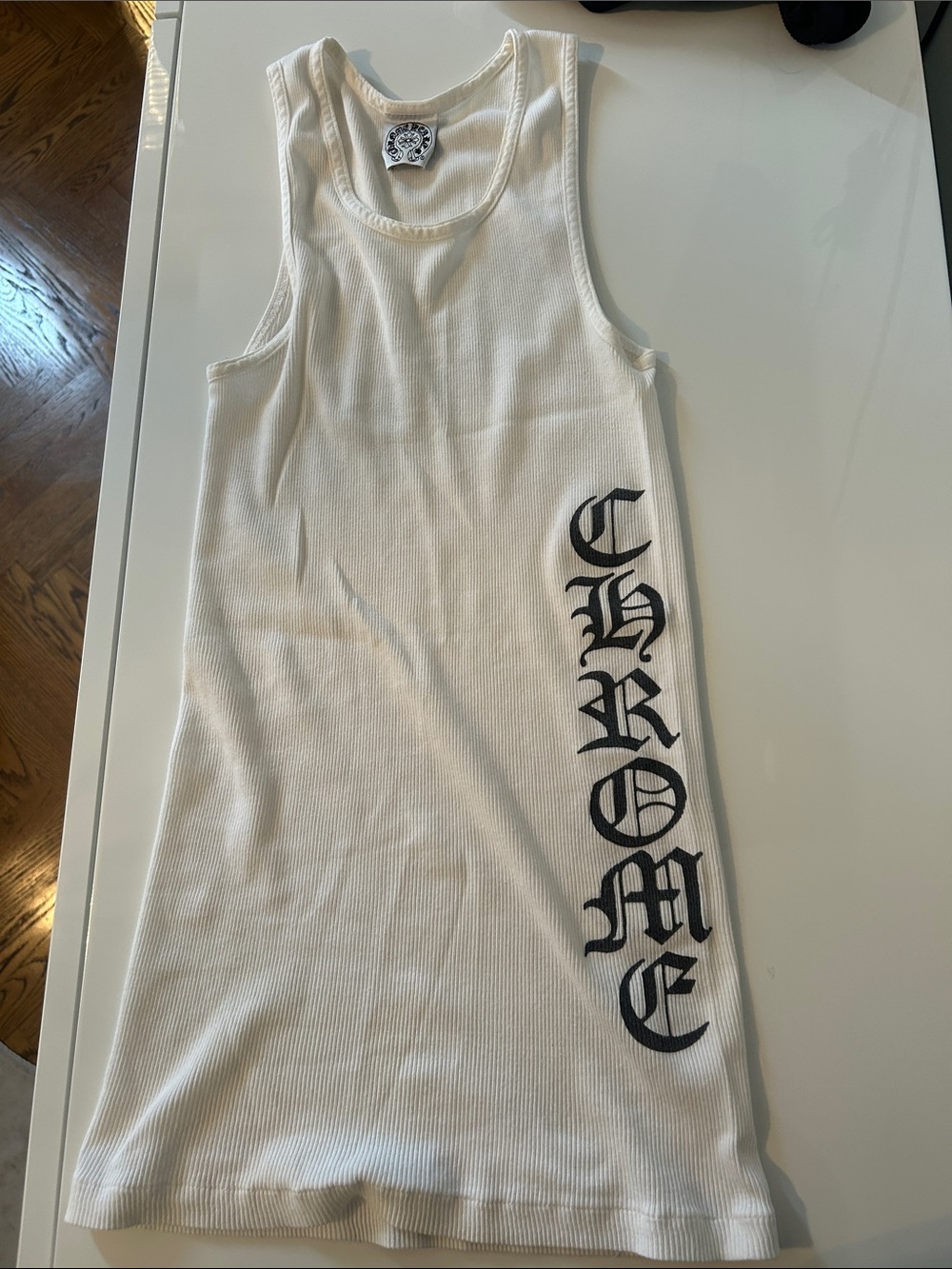 Chrome Hearts White Ribbed Tank Dress with Black Vertical Logo